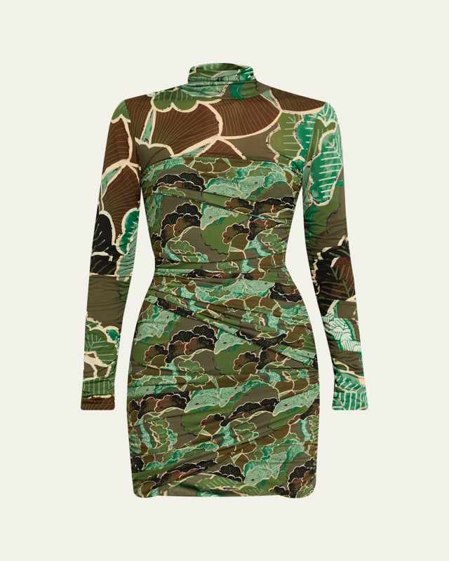 Clarabella Ruched Leaf-Print Bodycon Mini Dress